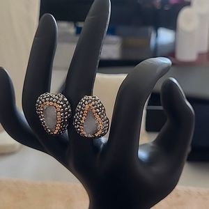 Double Genuine Druzy Quartz   ring Swarovski black gold crystals size US 7